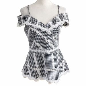 ADELYN RAE BLACK WHITE GINGHAM EMBROIDERED COLD SHOULDER PEPLUM TOP - S